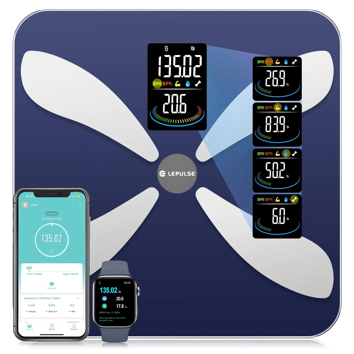 Smart Weight Scale with BMI Body Fat Muscle Mass Lepulse Updated X-Shaped Electrode Scale for Body Weight and Fat Percentage 13 Body Composition Scale Large Display Digital Bathroom Scale with App