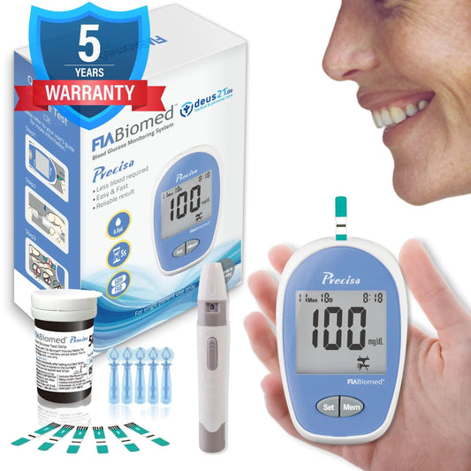 FIABiomed Precisa - Blood Glucose Monitor Kit 100 Glucometer Strips 100 Lancets 1 Blood Sugar Monitor Blood Sugar Test Kit with Control Solution Lancing Device Large Display