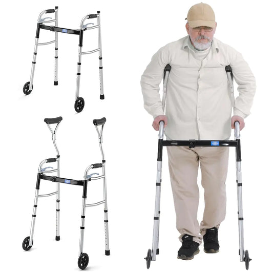 GreenChief Walkers for Seniors Foldable Standard Walker with Adjustable Width Folding Walker with Arm Support 2 Wheels Walker for Elderly Handicapped Disabled (300LB)