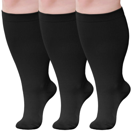 Wide Calf Compression Socks: Plus Size Compression Stockings for Men Women - Extra Large 20-30 mmHg Compression Hose Support for Travel Nurses Running Pregnancy 3 Pairs 7XL Black