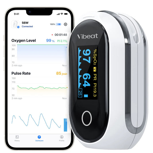 Vibeat Rechargeable Oxygen Meter Finger Pulse Oximeter Bluetooth Fingertip Blood Oxygen Saturation Monitor with Pulse Rate Batteries and Lanyard Included Free APP