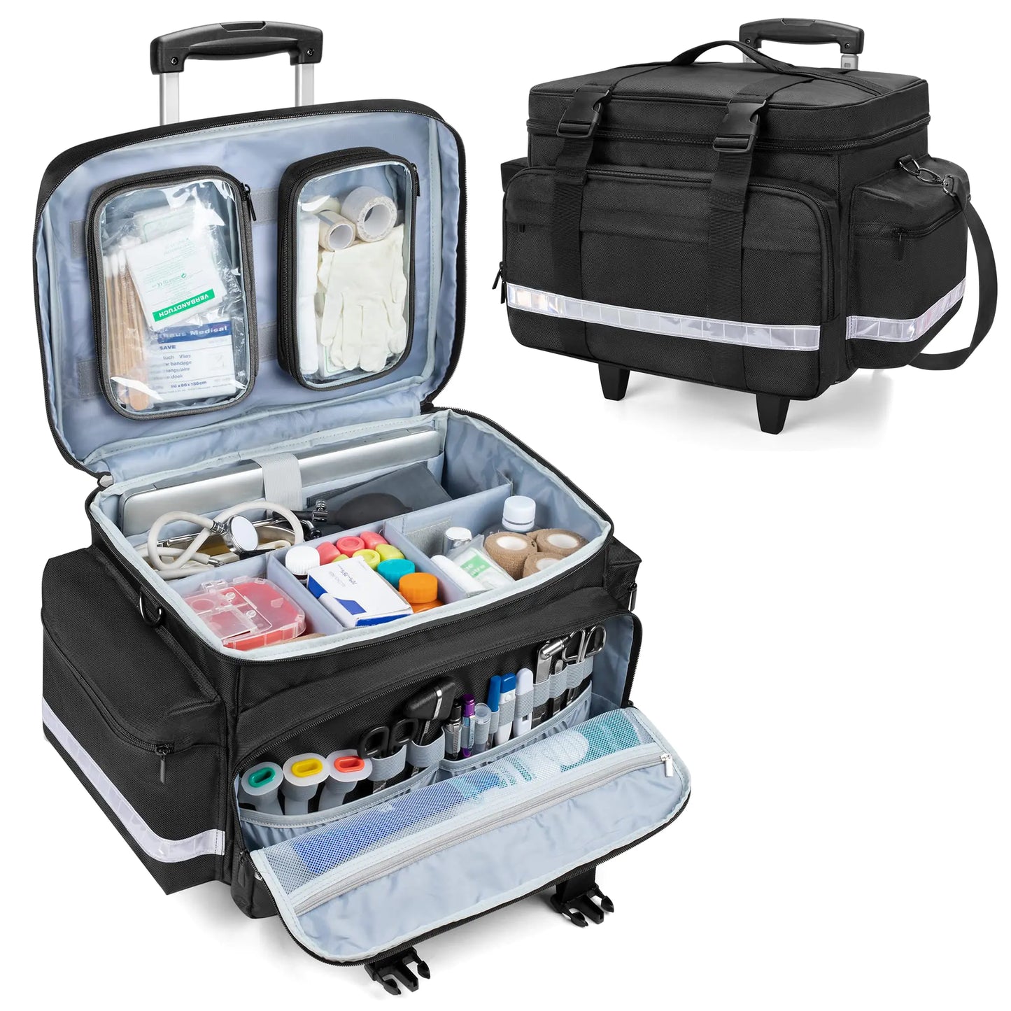 Damero Rolling Medical Bag with Detachable Trolley Medical Equipment Bag with Removable Pouches and Dividers First Aid Responder Bag Empty for Home Health Nurses Doctors EMT EMS Black