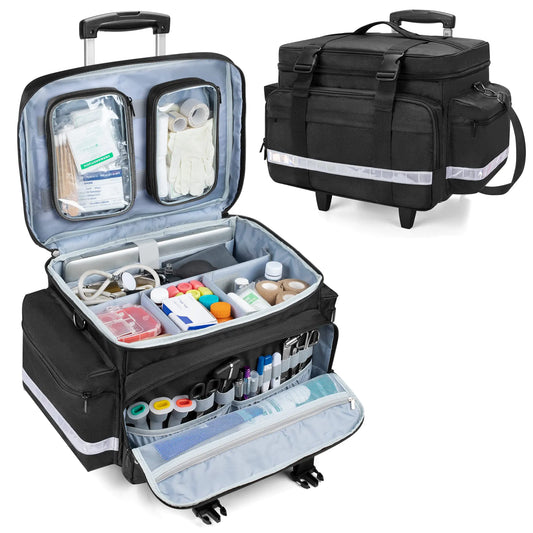 Damero Rolling Medical Bag with Detachable Trolley Medical Equipment Bag with Removable Pouches and Dividers First Aid Responder Bag Empty for Home Health Nurses Doctors EMT EMS Black